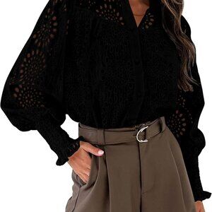 Women's Spring Button Down Shirts Dressy Casual Fall Long Puff Sleeve Eyelet Loo